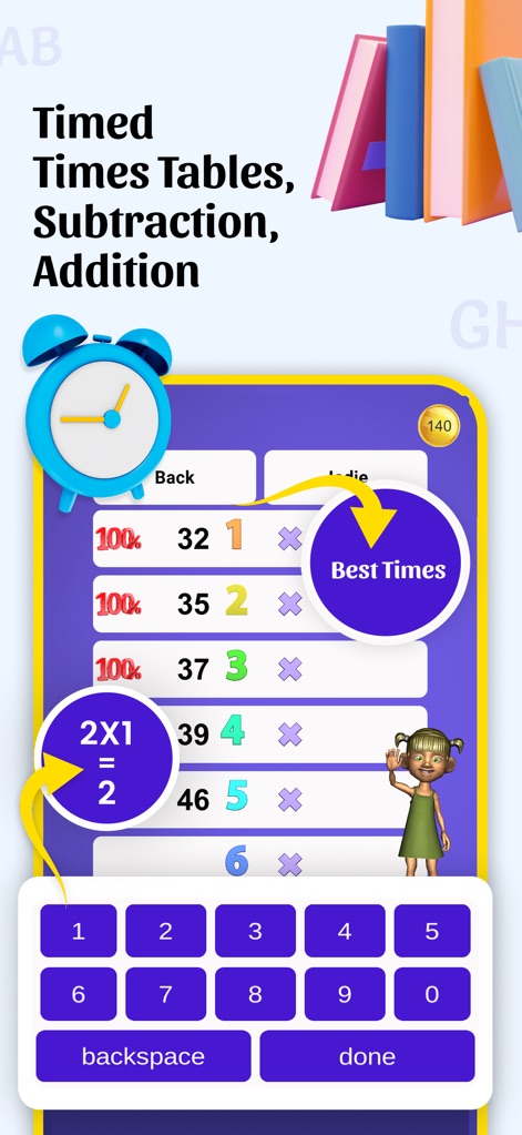 Spelling Bee & Homework Tests - Questo strumento offre pratica per le tabelline cronometrate (X) e esercizi di sottrazione e addizione (Y), registrando i 'Best Times' per monitorare i progressi.