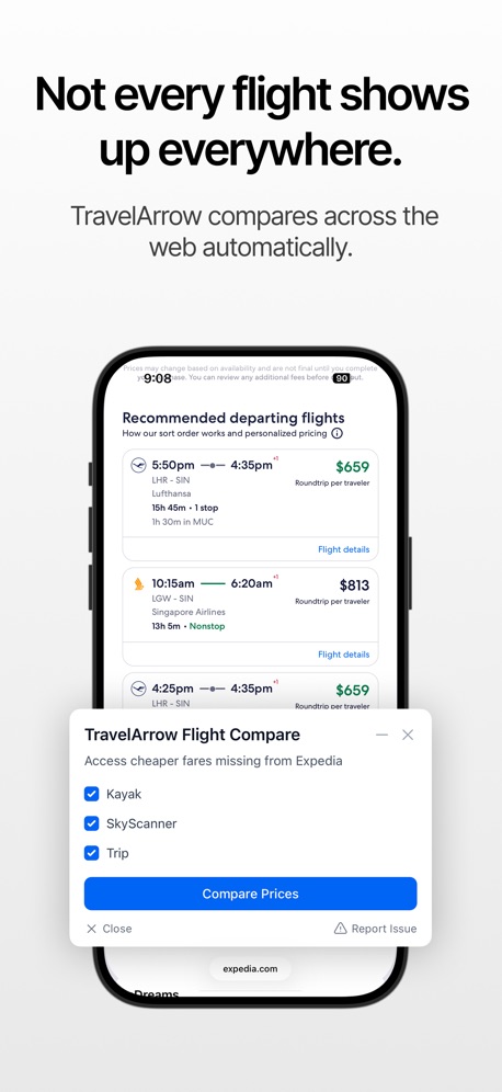 TravelArrow App Store screenshot 5, headline “Not every flight shows up everywhere.”. Leads with a problem.