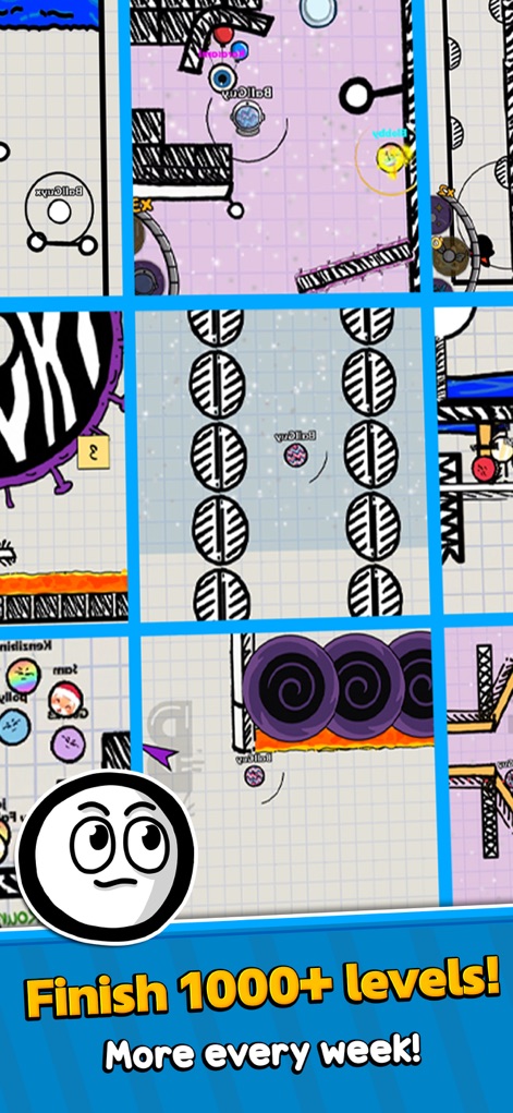 Ball Guys : Stumble & Fall - This overview highlights the vast array of 1000+ level designs and the intricate obstacles that challenge players through dynamic environments.