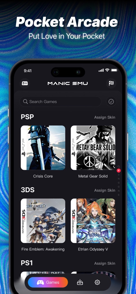 Manic EMU - Game Emulator - This app presents an organized game library, featuring categorized titles by platform and displaying vibrant game covers for easy access.