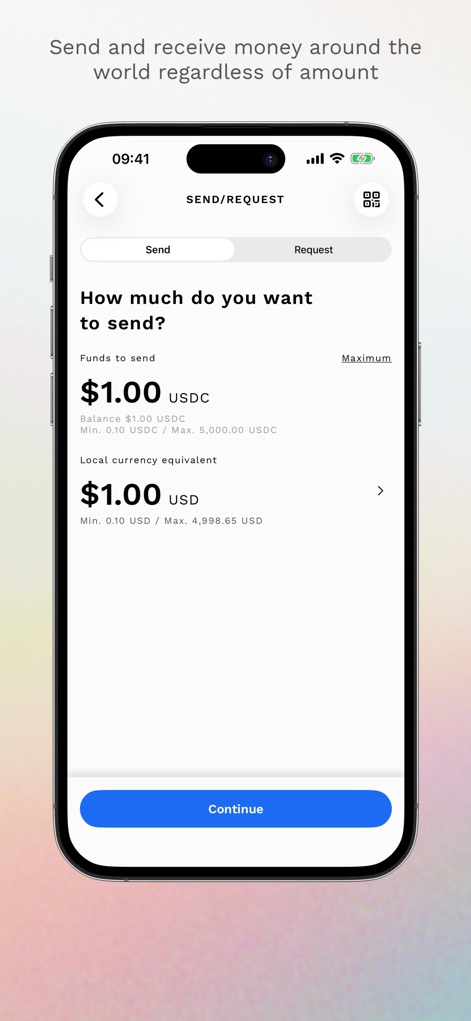 Airtm - Dieses Tool ermöglicht das präzise Senden oder Anfordern von Beträgen durch einen intuitiven Schalter und bietet detaillierte Eingabefelder für unterschiedliche Währungen.