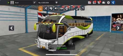 Bus Simulator Indonesia: Maleo - Explore the detailed bus customization options, allowing users to apply unique liveries and monitor the bus's health status.