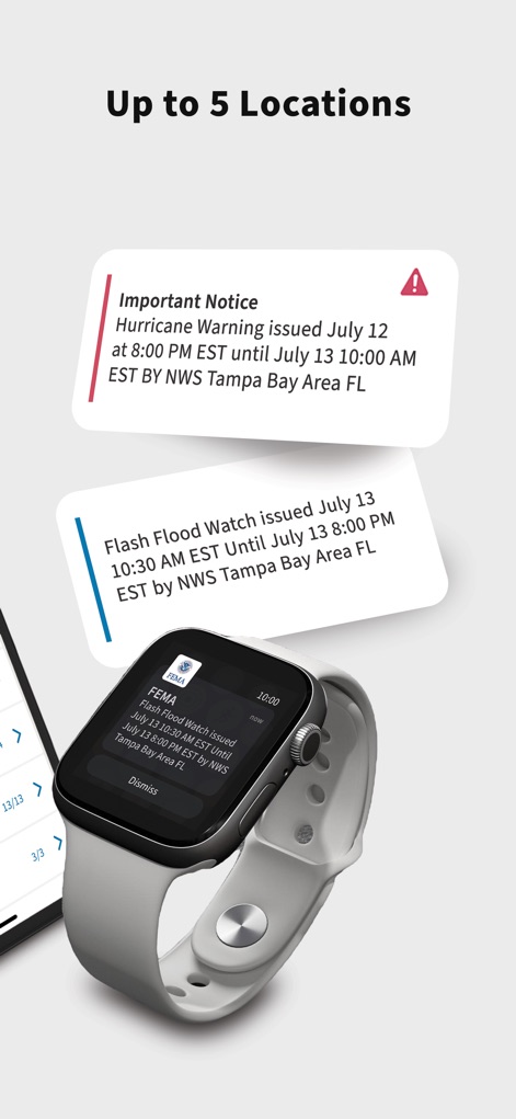 FEMA - The app delivers critical "Flash Flood Watch" notifications directly to users' smartwatches, ensuring timely awareness of multiple "Important Notice" alerts.