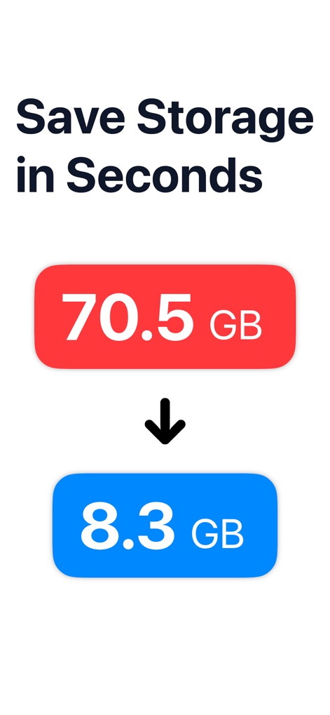 Compress Video - Shrink Size - The app vividly illustrates immediate storage benefits, clearly displaying a video's initial 70.5 GB size reduced to a compact 8.3 GB, highlighting significant space reclamation.
