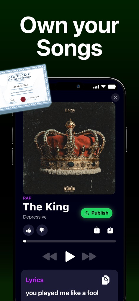 Banger for Artists: AI Music - This tool provides full ownership control over creations, displaying detailed song cover art and playback controls alongside a digital certificate of ownership.