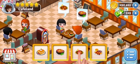 Cafeland - Restaurant Cooking - Los usuarios pueden explorar un menú de platos variados, seleccionando opciones mediante una intuitiva interfaz de selección táctil para satisfacer a los comensales.