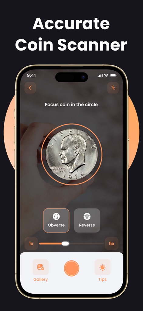 CoinIn: Coin Scan Identifier - Esta herramienta guía al usuario para enfocar la moneda en un "círculo de escaneo" central, ofreciendo botones para visualizar el "Obverse" y "Reverse", garantizando una captura detallada.