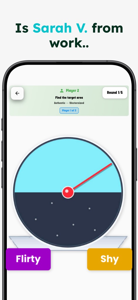 Perfect Match: Headsynch - This tool features an intuitive circular spectrum dial and clear labels like "Flirty" and "Shy" to guide players in guessing the target area.