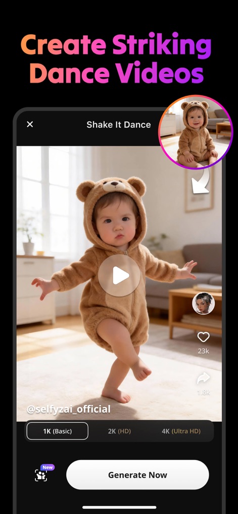 AI Video Generator : SelfyzAI - The app enables users to generate engaging dance videos by using a reference image, providing options for high-definition and ultra-high export quality.
