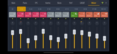 FL Studio Remote - Esta vista muestra una consola de mezcla multitáctil con faders para volumen y botones de mutación/solo, facilitando el control preciso sobre las panorámicas y los niveles de pista individuales de FL Studio.
