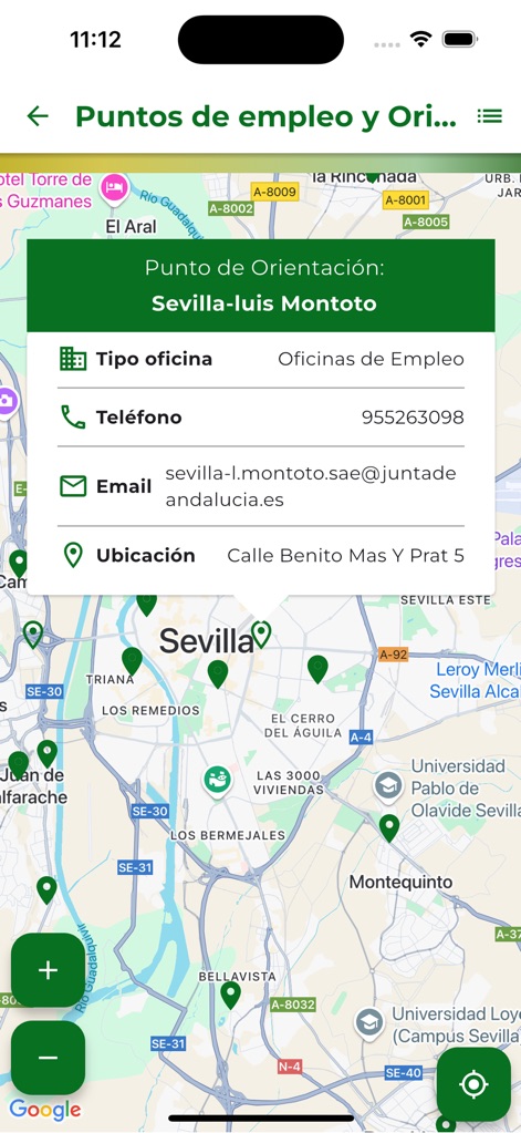 Servicio Andaluz de Empleo - Discover nearby "Puntos de empleo y Orientación" (Employment and Orientation points) on an interactive map, complete with detailed contact information for each location.