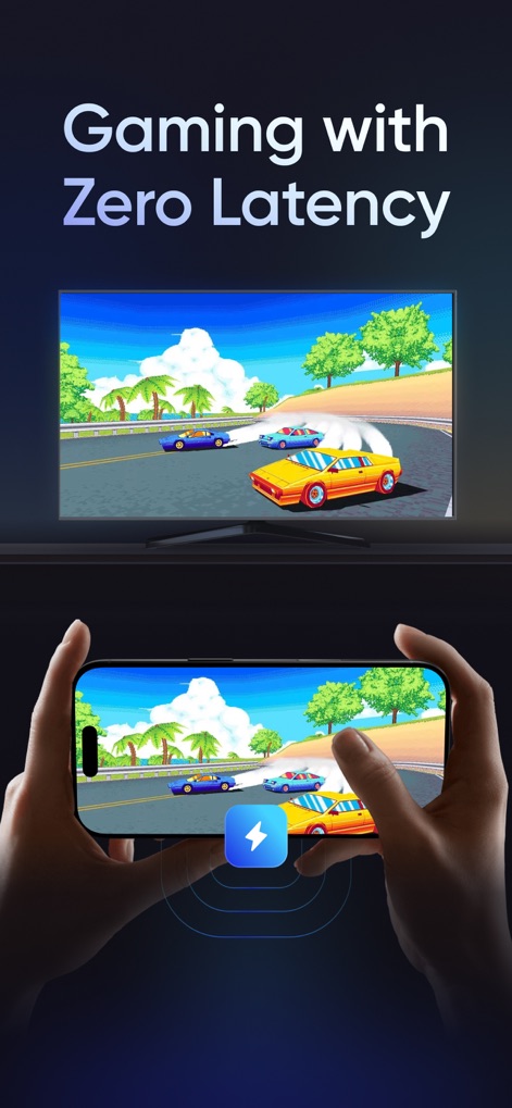 Screen Mirroring | TV Cast - Os jogadores podem espelhar seus jogos favoritos com zero latência, como um jogo de corrida dinâmico, evidenciado pelo ícone de baixa latência no smartphone.