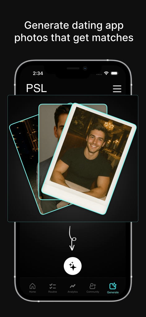 PSL - Looksmax & Ascend - This feature allows users to generate 'AI-optimized profile photos' designed to maximize attractiveness, easily initiated with a dedicated 'Generate' button.
