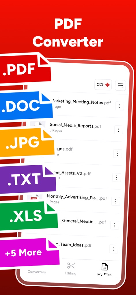 PDF Maker - Convert to PDF - Les utilisateurs peuvent facilement visualiser leurs documents avec l'onglet "Mes Fichiers" et accéder à une vaste gamme de formats convertibles comme les fichiers .DOC et .XLS.