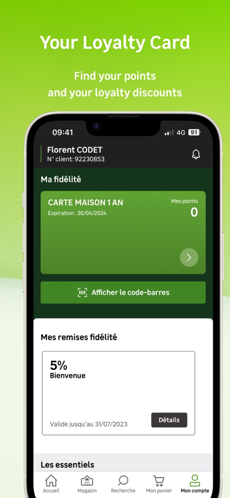 LEROY MERLIN - Nutzer können ihre digitale Treuekarte einsehen, um Vorteile wie die "CARTE MAISON 1 AN" zu nutzen und ihren aktuellen Punktestand und Rabatte wie "5% Bienvenue" zu verfolgen.