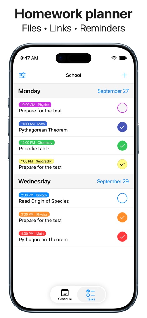 Smart Timetable: Study Planner - A ferramenta permite organizar tarefas com checkboxes para acompanhamento de conclusão e exibe a disciplina e a descrição da atividade para fácil gestão.