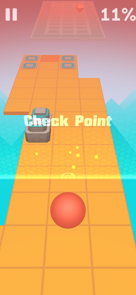 Rolling Sky - Ce niveau enflammé propose un chemin incandescent avec des blocs orange lumineux et des rappels de points de contrôle cruciaux.