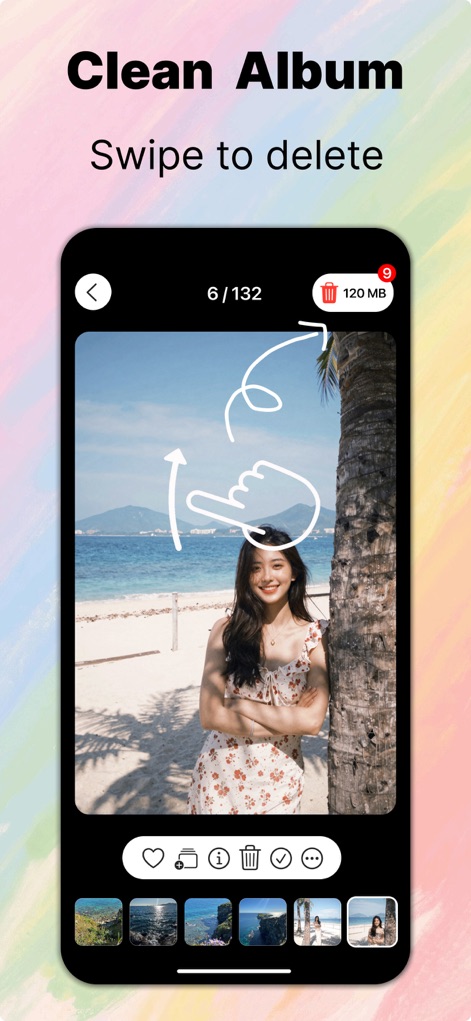 CamFusion - Dual Camera 视频抽帧截图 - La aplicación simplifica la gestión del álbum, permitiendo a los usuarios eliminar rápidamente imágenes no deseadas con un gesto de deslizar y mostrando el tamaño de los archivos a liberar.