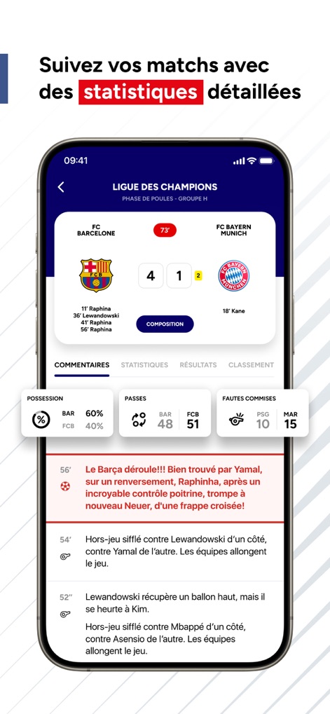 RMC Sport News, score en live - Pour chaque rencontre, l'application propose des statistiques de match approfondies et un fil de commentaires en direct, permettant un suivi précis des actions.
