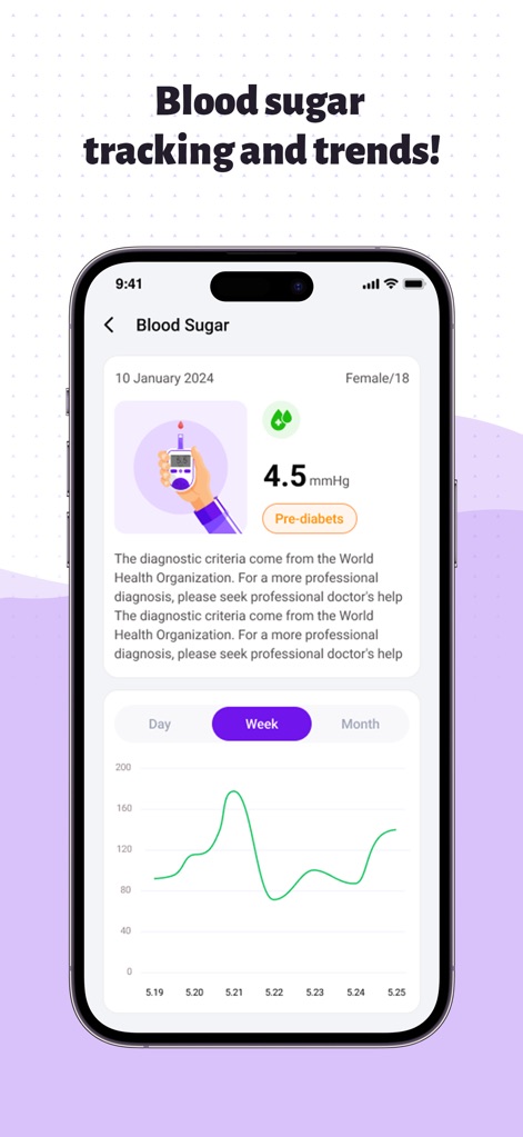 Heartwell: Track Health - La pantalla muestra el nivel de azúcar en sangre (4.5 mmol/L) con una clasificación de "Pre-diabetes" y un gráfico de tendencias semanal, facilitando la comprensión del progreso y la identificación de patrones.