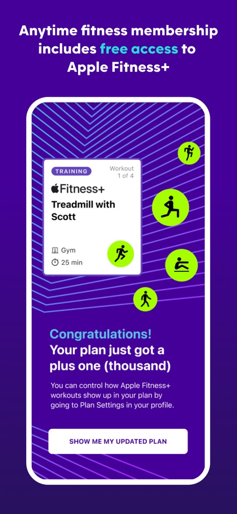 AF App - La aplicación destaca su colaboración con Apple Fitness+, ofreciendo "free access to Apple Fitness+" y mostrando un "Treadmill with Scott" como ejemplo de sesión integrada.