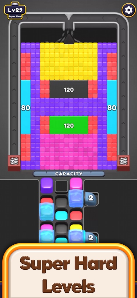 Bounce Blast 3D - Engage with super hard levels presenting dense, intricate block formations and strategic block values in the capacity tray.