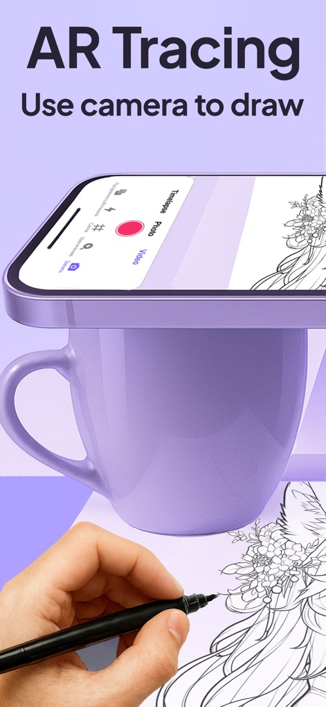 AR Tracing: Easy Art Drawing - La aplicación transforma el teléfono en un asistente de dibujo, proyectando un detallado diseño floral en papel y mostrando opciones de grabación de video.