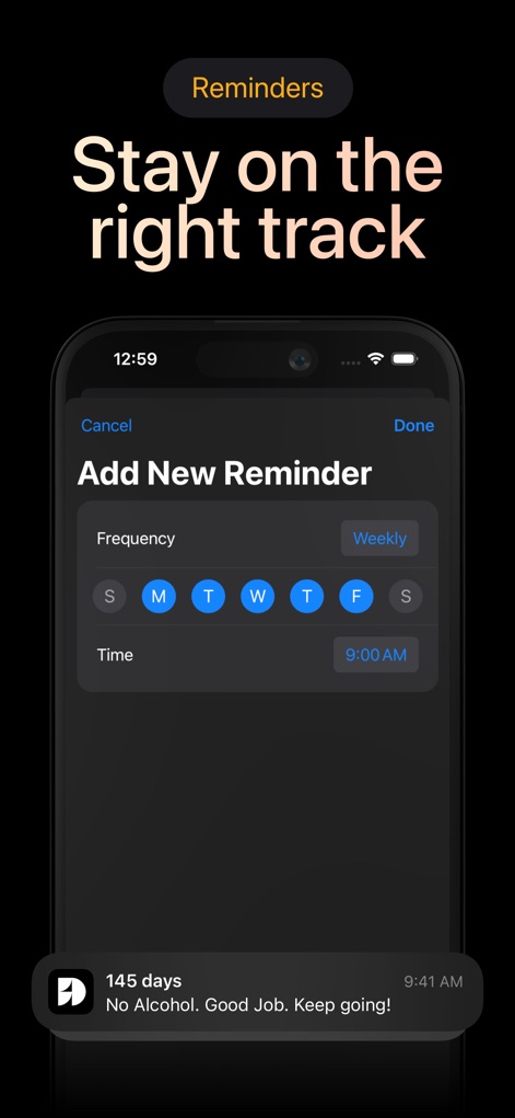 Days Since: Quit Habit Tracker - The app provides customizable reminders, allowing users to set specific frequencies and times to receive motivational notifications and maintain focus.