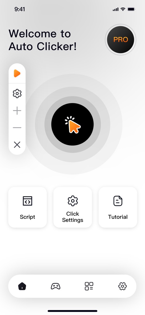 Auto Clicker - Tap Assistant - The app's intuitive interface welcomes users to its powerful features, prominently displaying a central auto-clicker control and quick access to 'Script' and 'Click Settings'.