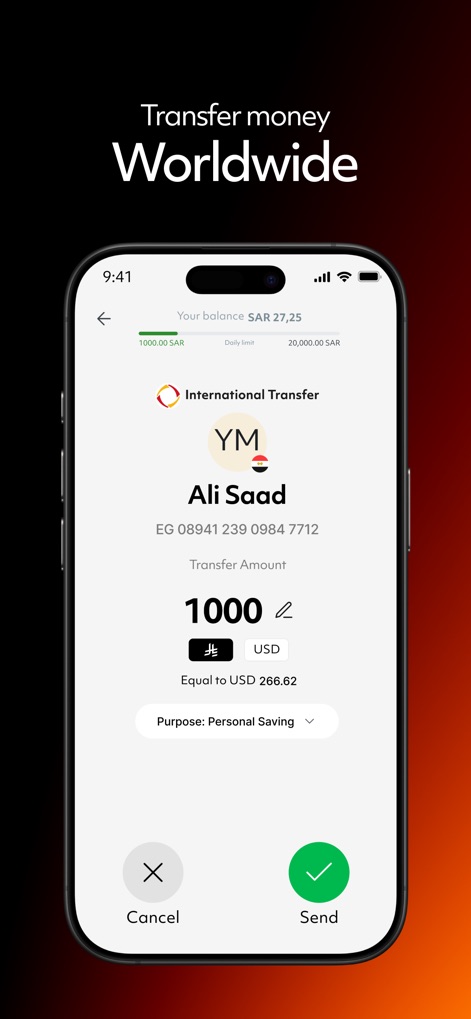 Enjaz Pay - ユーザーは、送金相手の情報を確認しながら、国際送金の送金額と換算レート（例：1000 SAR = USD 266.62）を簡単に設定し、安全に取引を完了できます。