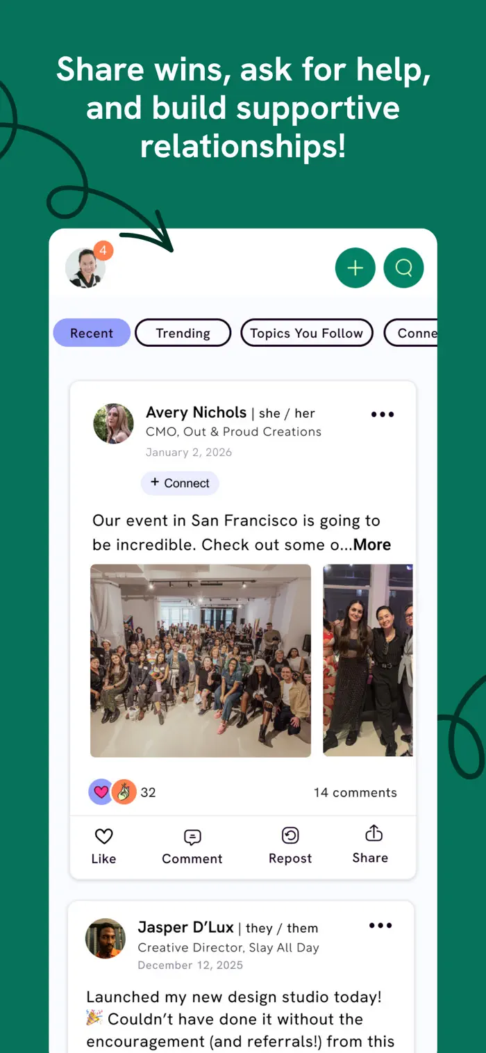 The Hey Famm feed: members sharing wins and asking for advice