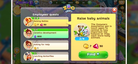 Zoo Craft - Animal Park Tycoon - Die App bietet Nutzern vielfältige tägliche Aufgaben wie das Aufziehen von Tierbabys und die genetische Entwicklung, deren Fortschritt über übersichtliche Fortschrittsbalken verfolgt werden kann.