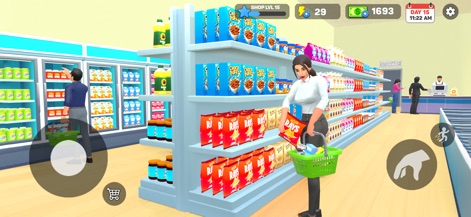 My Supermarket Simulator 3D® - The app illustrates an efficient shopping flow, showcasing a customer with a cart selecting items and the visible, accessible storage room for inventory management.