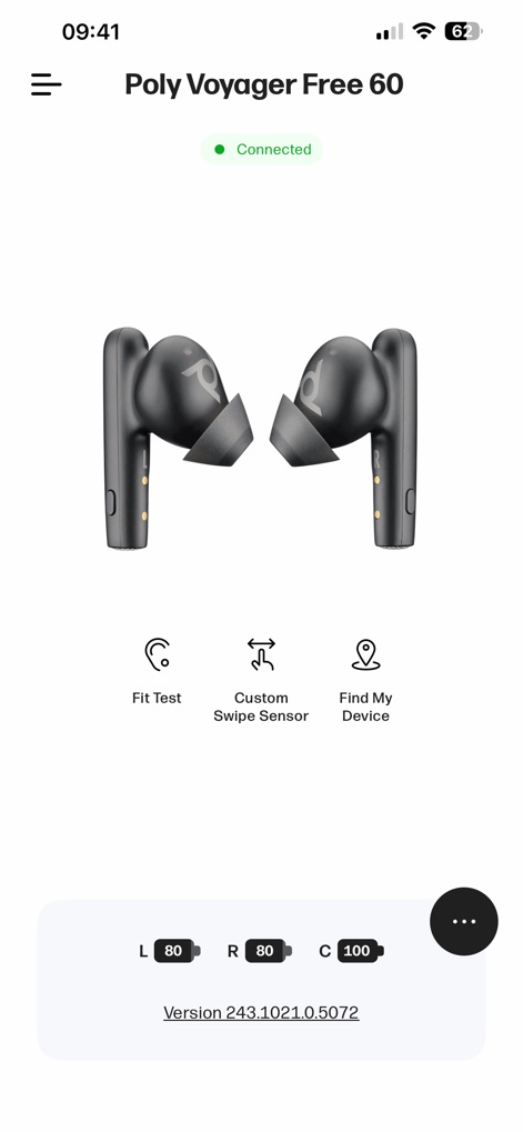HP Poly Studio Mobile - La aplicación presenta una visión general del dispositivo emparejado, mostrando el estado de conexión 'Connected' y los niveles de batería individuales para cada auricular y el estuche de carga.