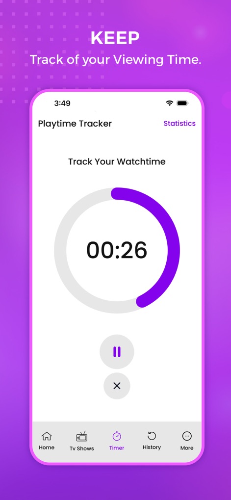 The tv app : Movie And Tv Show - El 'Playtime Tracker' visualiza el tiempo de visionado con un contador digital y una barra de progreso circular, ofreciendo control con botones de pausa y cierre.
