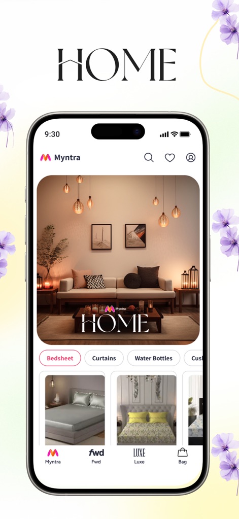 Myntra - Fashion Shopping App - This display showcases the Home Furnishing section with inspiring lifestyle imagery and convenient filter options like Bedsheet and Curtains for tailored browsing.