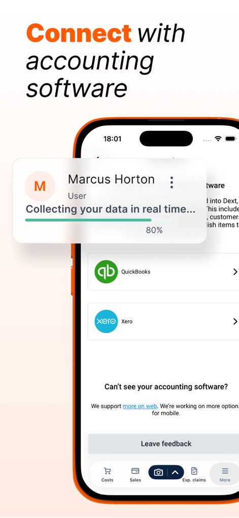 Dext: Expense Tracker App - 主要な会計ソフトウェアとのシームレスな連携機能を示しており、「QuickBooks」や「Xero」への接続オプション、そしてデータ収集の進行状況バーが確認できます。