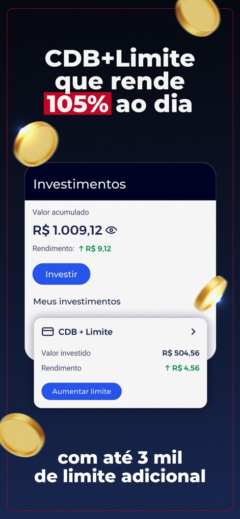 Digio: cartão de crédito - A tela exibe uma oportunidade de investimento em 'CDB+Limite que rende 105% ao dia', destacando o 'Valor acumulado' e a opção de aumentar o limite de crédito.