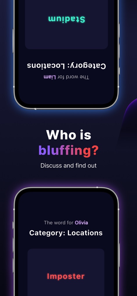 Imposter Game - Party Edition - Esta imagen ilustra la mecánica central del engaño, contrastando la palabra 'Stadium' para un jugador con la reveladora etiqueta 'Imposter' asignada a Olivia.