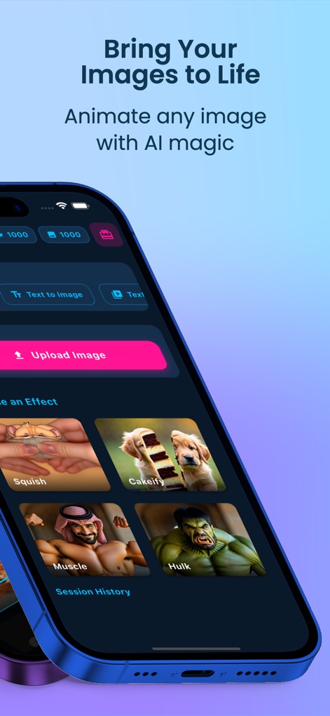 Aura AI Text & Image to Video - Nutzer können die Option 'Upload Image' verwenden und aus einer Reihe von Effekten wie 'Squish' oder 'Hulk' wählen, um ihre Bilder zu animieren.