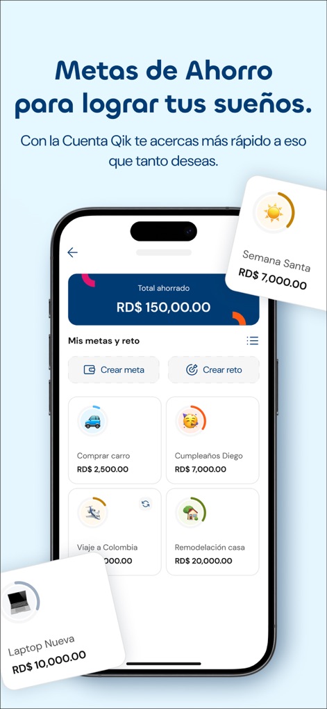 Qik Banco Digital - Users can define and track personalized savings goals, such as "Comprar carro" or "Laptop Nueva", with a clear overview of the total accumulated savings.