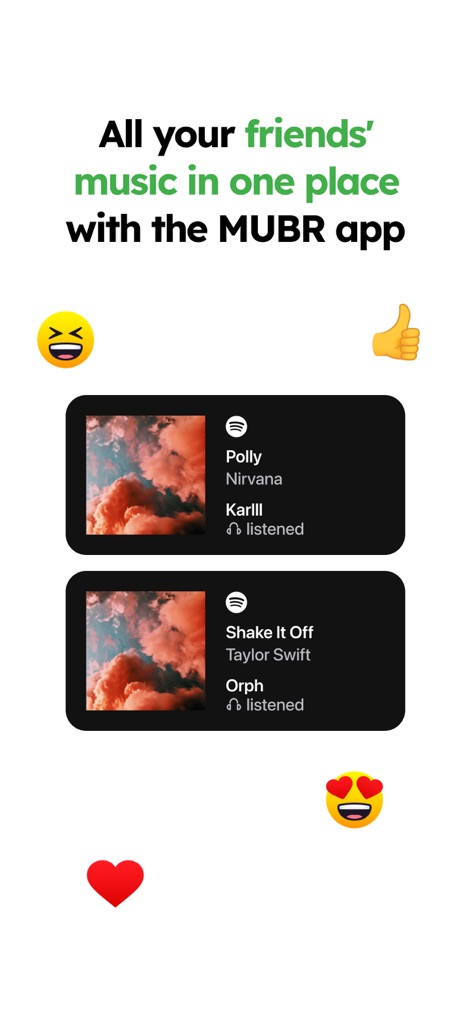 MUBR - see what friends listen - La interfaz agrupa la música de múltiples amigos en widgets individuales, presentando el título de la canción y el artista para cada uno.