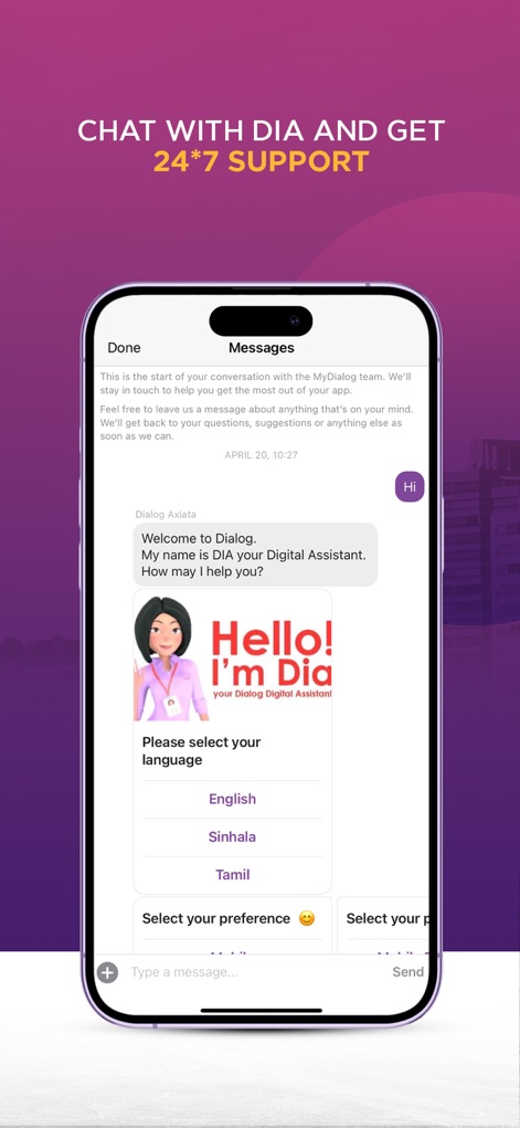 MyDialog - Engage with the 24/7 digital assistant for immediate help, offering tri-lingual language support and a responsive chat interface.