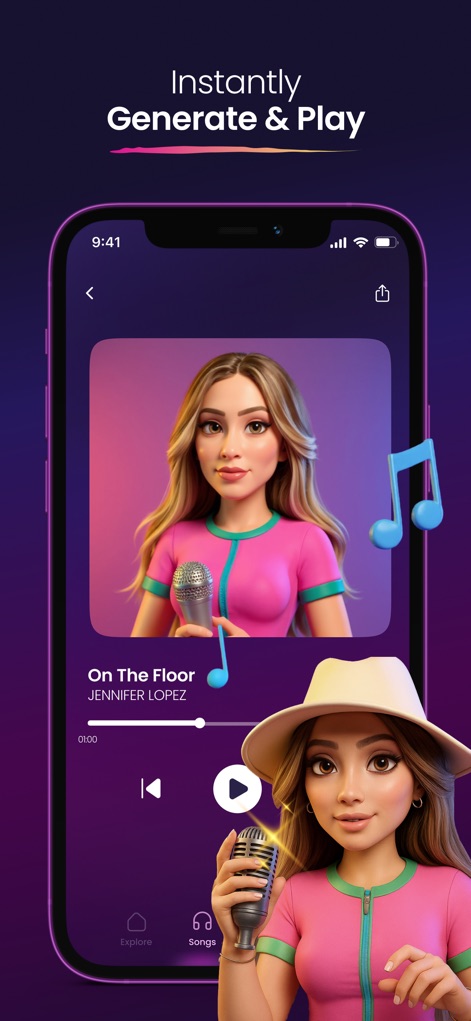 Coverly: AI Song Generator - Explore the sleek playback interface featuring a prominent song visual, complete with intuitive playback controls and a clear progress bar for tracking.