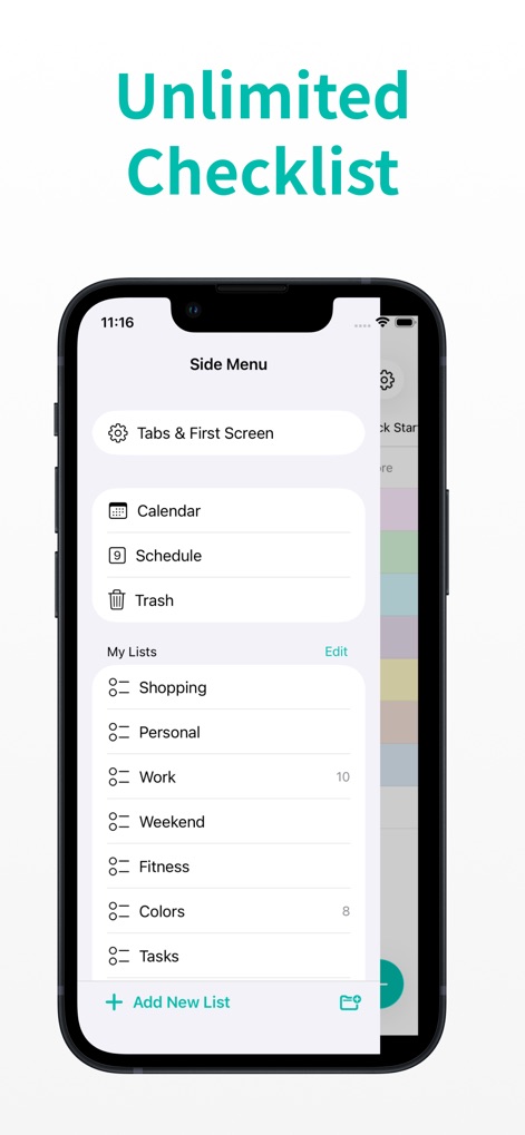Minimal Tabbed ToDo List - The app offers robust list management through its side menu, enabling users to create and organize an unlimited number of customizable lists such as 'Shopping' and 'Work'.