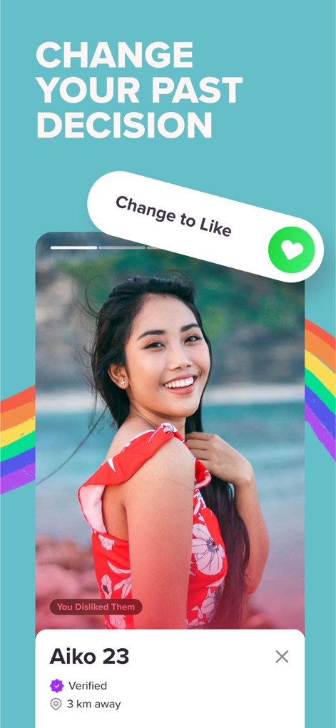 Zoe: Lesbian Dating & Chat - The 'CHANGE YOUR PAST DECISION' functionality allows users to rectify accidental swipes, as demonstrated by the 'You Disliked Them' banner and the 'Change to Like' button on a profile.
