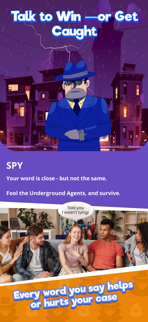 Uncover Lies: Imposter Game - This screenshot illustrates the core gameplay loop, emphasizing the "SPY" role description and the real-life social dynamic among players.