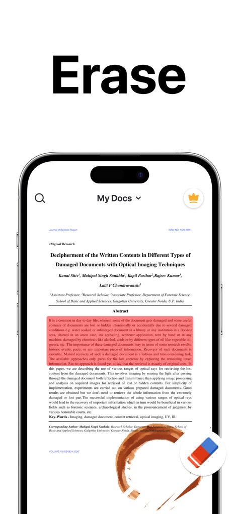 PDF Scanner App: TapScanner - See how the app allows users to precisely erase unwanted elements from scanned documents, indicated by the highlighted area and eraser tool.