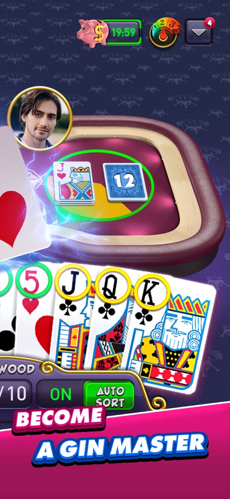 Gin Rummy Plus - Fun Card Game - Players can efficiently manage their cards with an 'Auto Sort' option and clearly visible runs like the JQK of hearts, aiding strategic play.