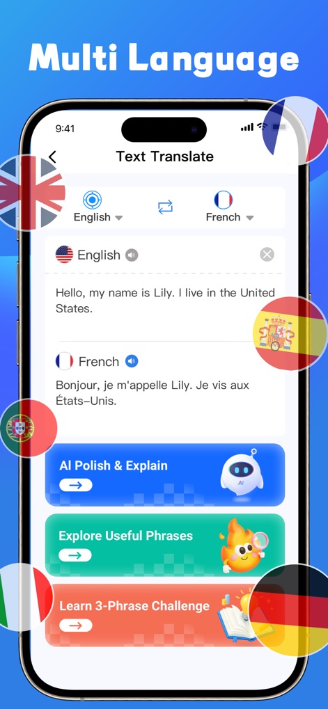 Easy AI Translate: Snap & Talk - 이 화면은 사용자가 텍스트를 여러 언어로 번역할 수 있는 기능을 보여주며, '영어'와 '프랑스어' 언어 선택기와 'AI에게 다듬고 설명해달라'는 추가 학습 도구를 포함합니다.